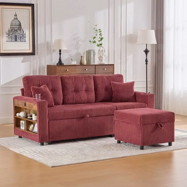 Divano letto modulare OKWISH in velluto a coste rosso con vano contenitore, ricarica USB, illuminazione LED e portabicchieri