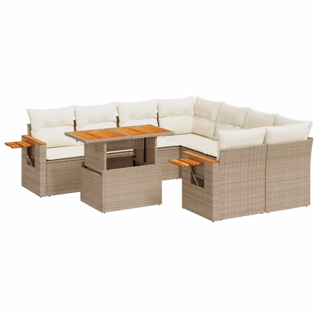 vidaXL Set Divano da Giardino a L in Polyrattan Beige con 9 Pezzi e Cuscini Imbottiti – 2