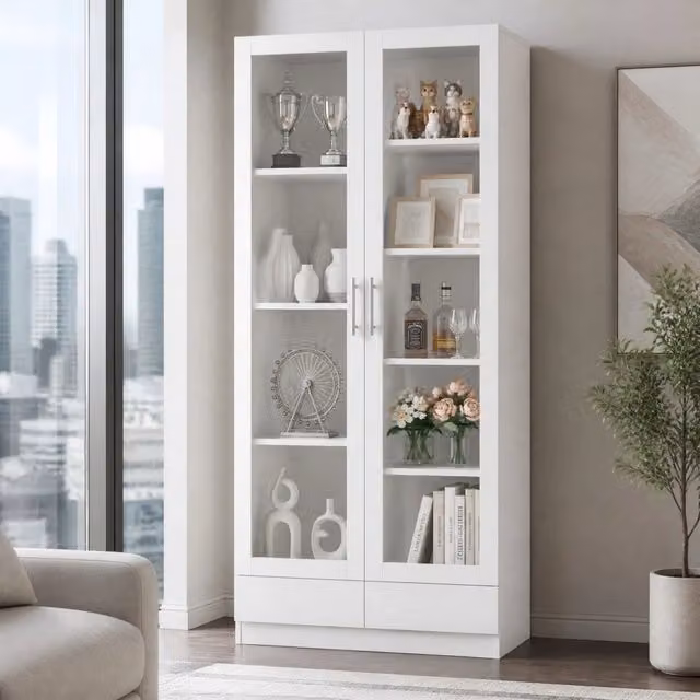 Vetrina 80x40x160 cm bianca in MDF e vetro, 2 cassetti