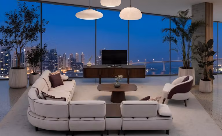 Set soggiorno: divano angolare, mobile TV a basso profilo, poltrona, tavolino. Design moderno e funzionale