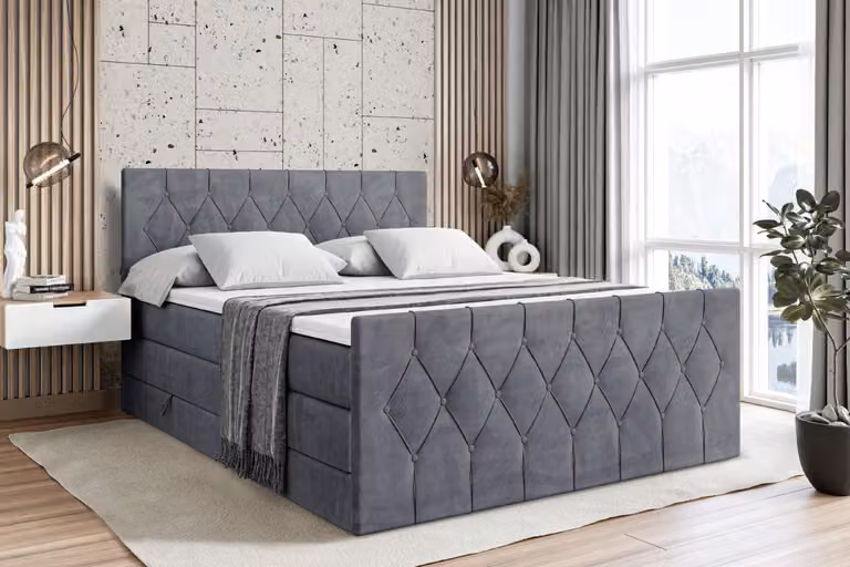 Letto boxspring ALTDECOR con materasso e rete a doghe - VELANTO KING - 160x200 cm - Velluto grigio scuro - Coprimaterasso, pediera, letto imbottito con contenitore, letto con vano portaoggetti H3 e H4 - Materasso, letto matrimoniale, letto boxspring
