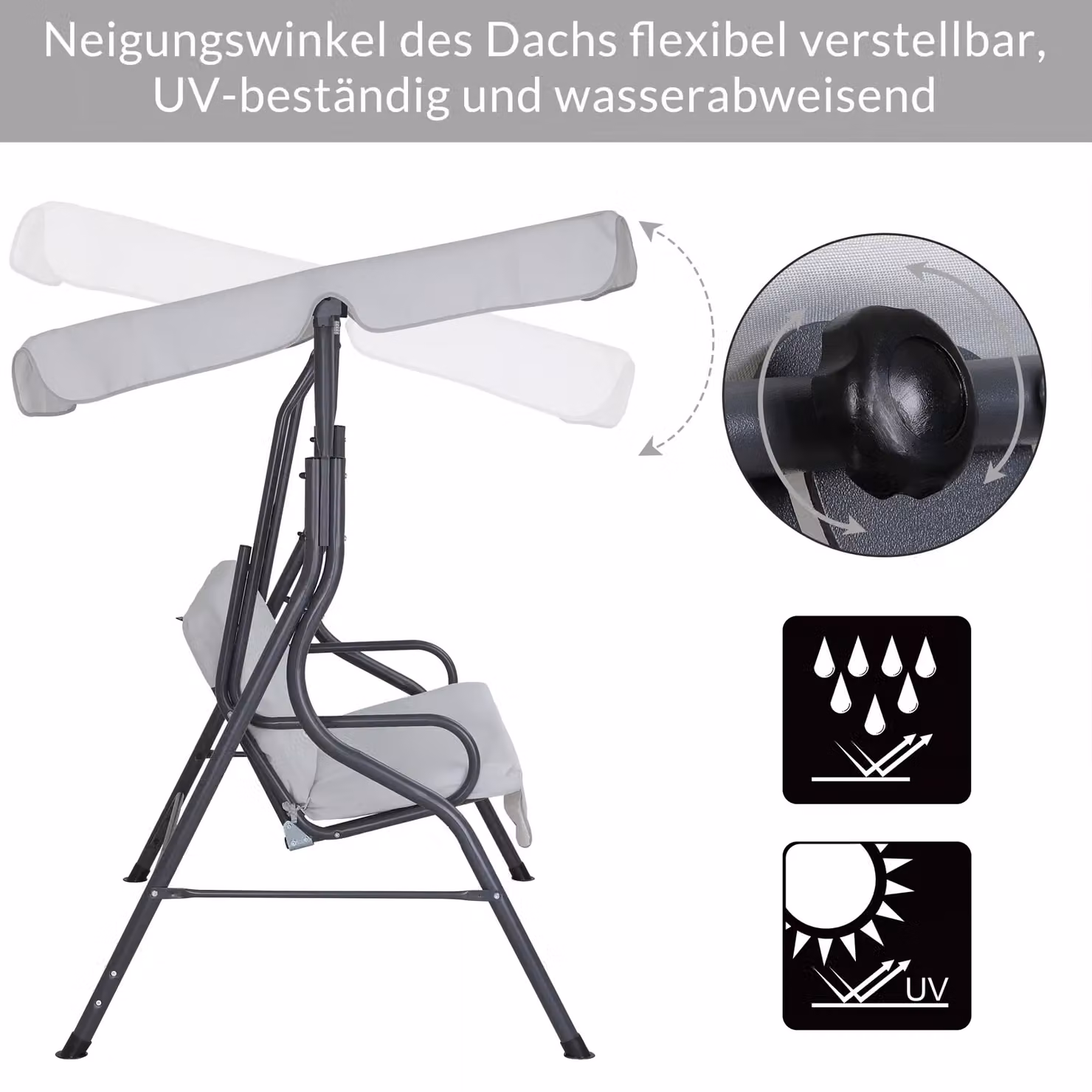 Dondolo da giardino Hollywood Casaria grigio con tendalino parasole in tessuto resistente ai raggi UV e struttura in acciaio verniciato a polvere – 2