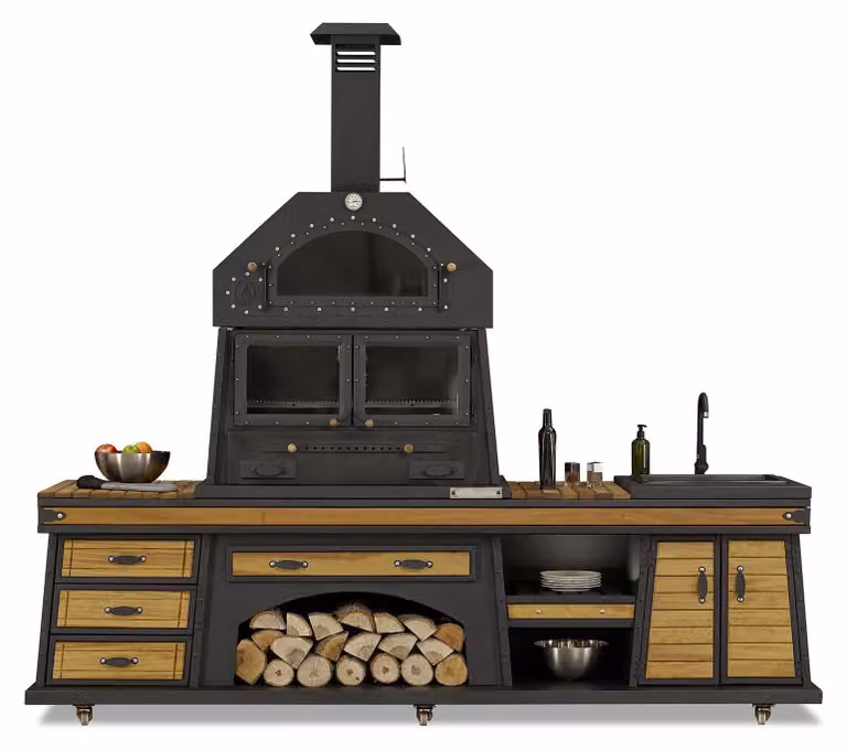 Außenküche in Schwarz aus Holz und Edelstahl modern