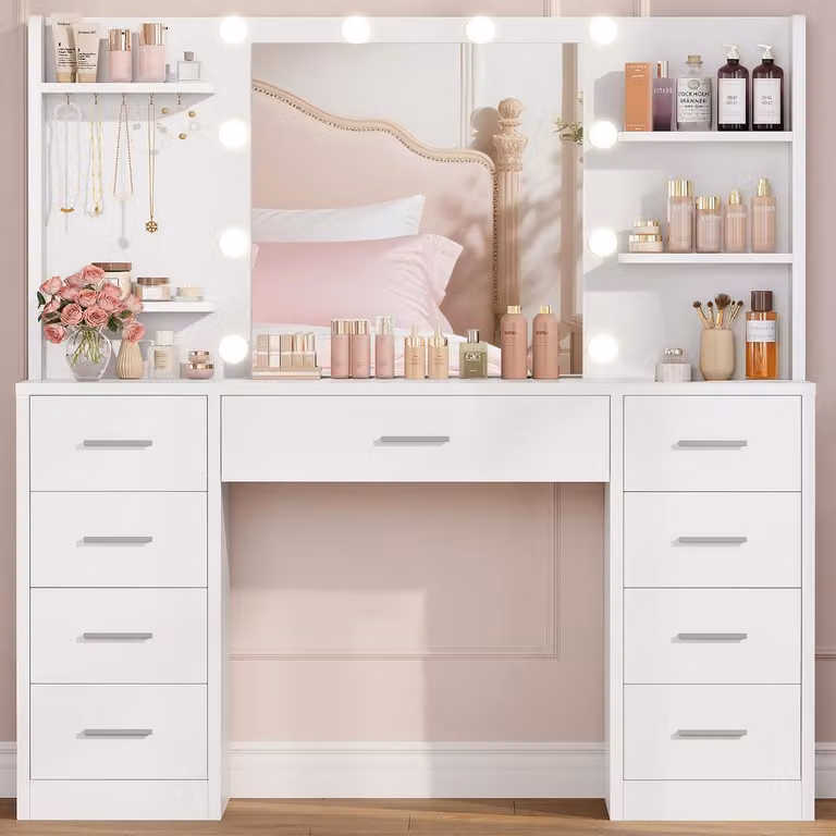 Comò da trucco con illuminazione a LED e specchio, 9 cassetti, bianco