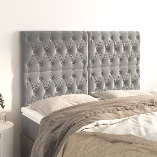 Testiera decorativa Design Mania in velluto grigio chiaro, L/P/H: 160 x 7 x 118/128 cm