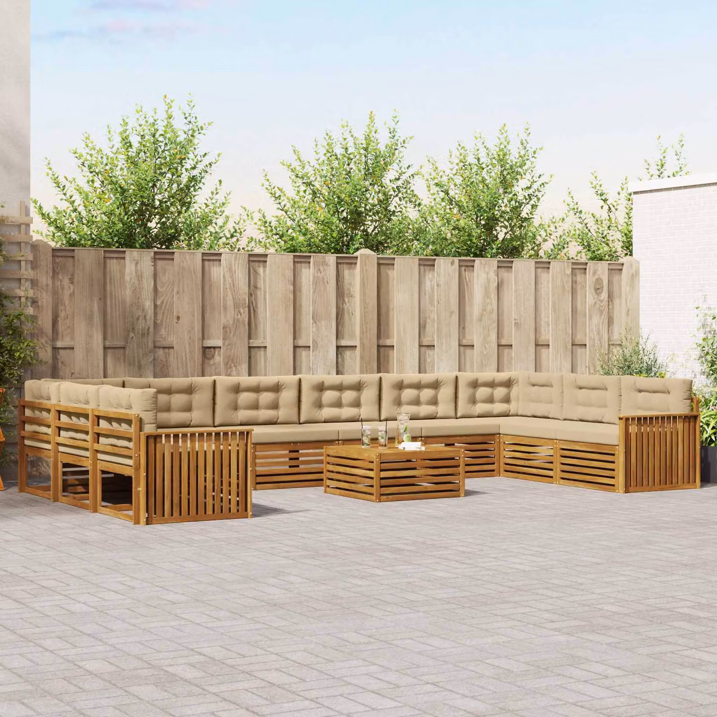 vidaXL Set di divani da giardino a L composto da 11 pezzi in legno di acacia massello, colore beige e marrone