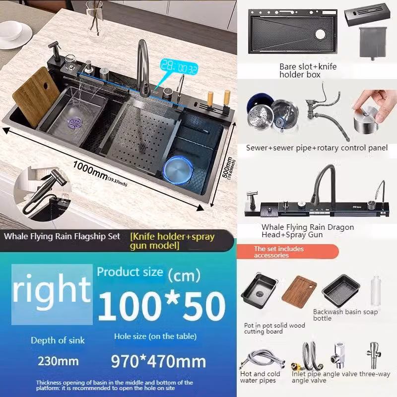 Lavello da cucina in acciaio inossidabile con design a cascata, monovasca, display digitale e di grandi dimensioni