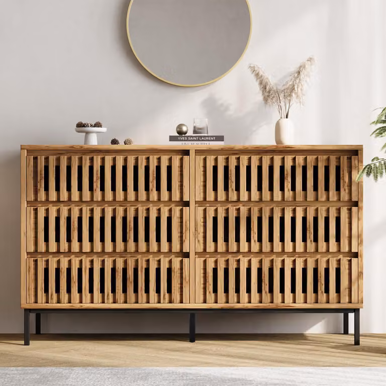Mobile contenitore laterale Merax con 6 cassetti, comò con 5 gambe, armadio contenitore in MDF, credenza con ante a listelli verticali, colore legno
