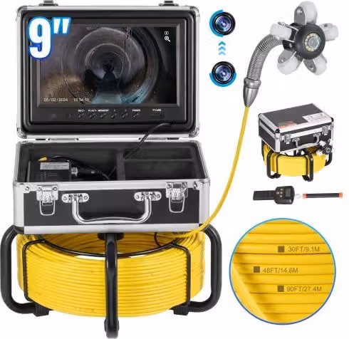 VEVOR Telecamera per Ispezione Fognature con Localizzatore 512 Hz e Schermo HD 1080P, Telecamera Idraulica a Serpente con 12 LED e Zoom 36X, Colore Giallo