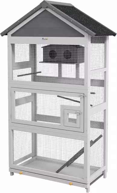 Voliera per uccellini GIORDANOSHOP con 3 porte, casetta e vassoio, in legno di abete e metallo, grigia e nera, L: 92 cm, P: 52 cm, H: 171 cm