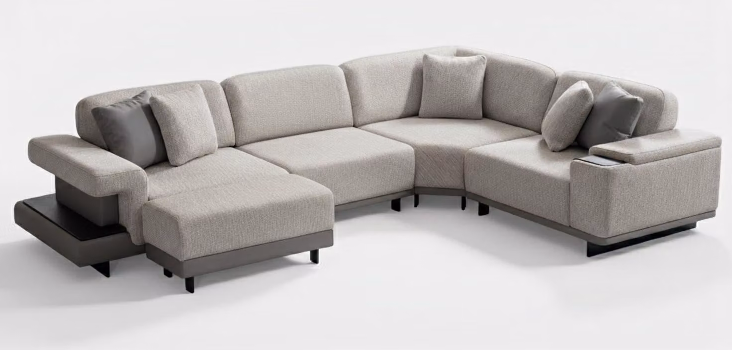 Set da salotto moderno grigio: divano ad angolo di design a forma di L, comodo, in tessuto
