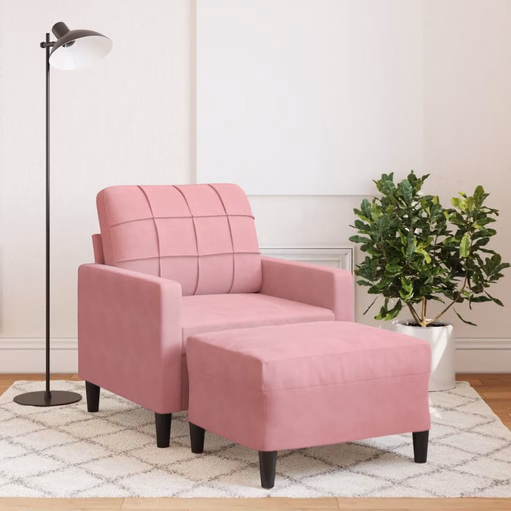 vidaXL Poltrona con Poggiapiedi in Velluto Rosa con Braccioli e Struttura in Metallo – 1
