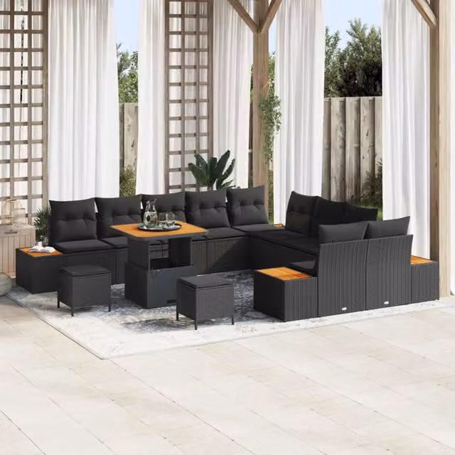 Set Divano da Giardino Moderno vidaXL in Polyrattan Nero con Cuscini e Tavolino a Forma a U – 1