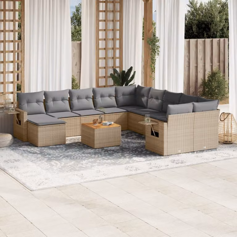 vidaXL Set Divani da Giardino 12 pz in Polyrattan con Cuscini Beige e Tavolino, Design Moderno a U per Terrazza e Giardino