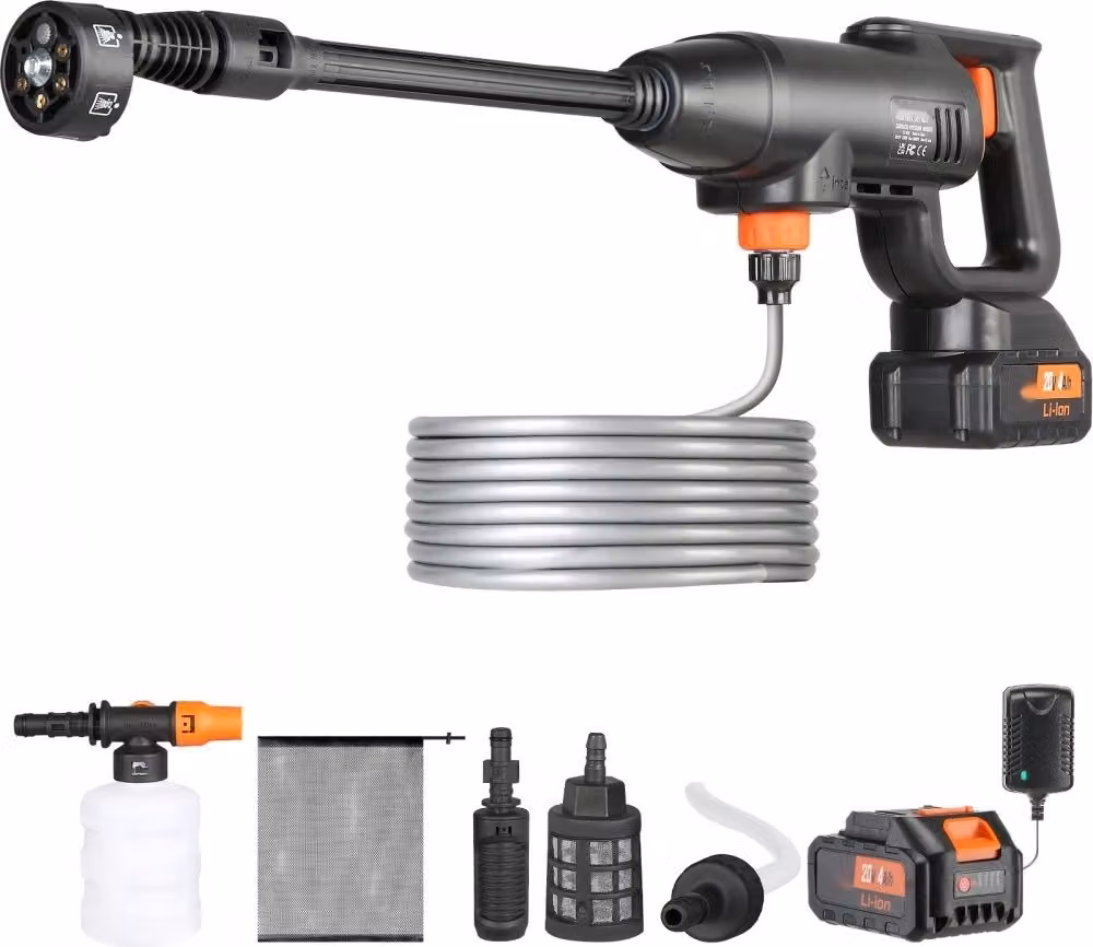 Idropulitrice a batteria - Idropulitrice a batteria - Pistola mobile a pressione - 220W 21V, 40bar - per pulizia e irrigazione - 4L/min - Accessori e caricabatterie inclusi