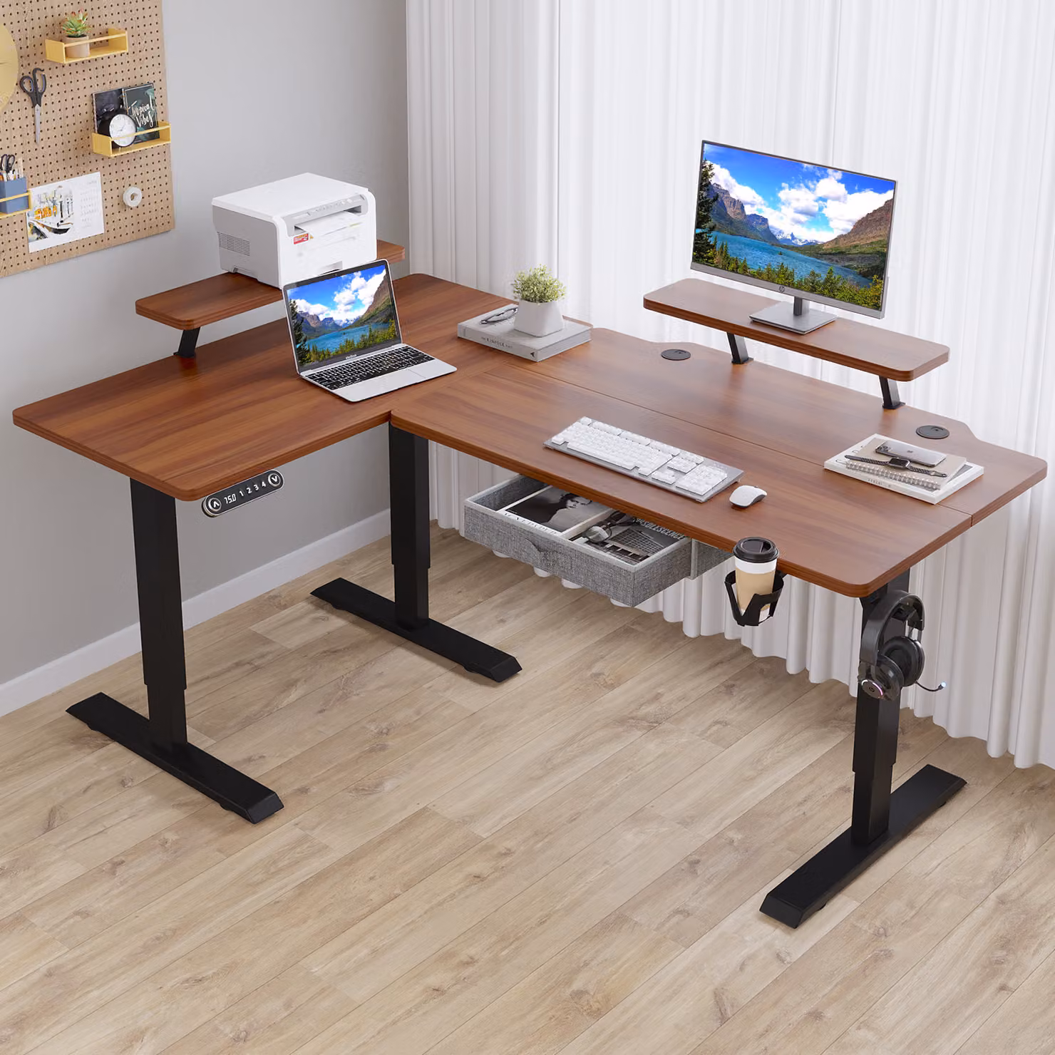 Hilodesk 160cm scrivania elettrica regolabile in altezza scrivania ad angolo scrivania a forma di scrivania in piedi scrivania da ufficio con supporto per monitor e cassetto, Vintage