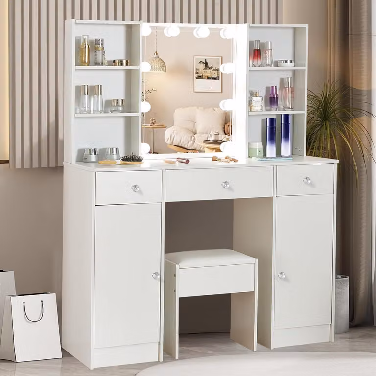 Comò da trucco con illuminazione e sgabello, dimensioni 100x40x140 cm, colore bianco, materiale: MDF