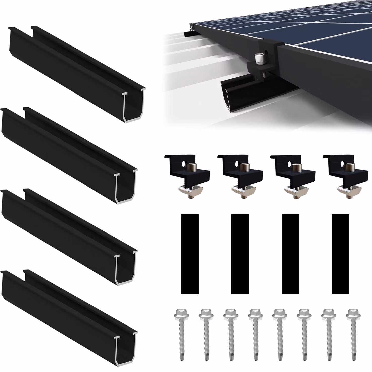 Supporto per pannello solare, per 1 modulo, kit di montaggio con guida nera e morsetti regolabili