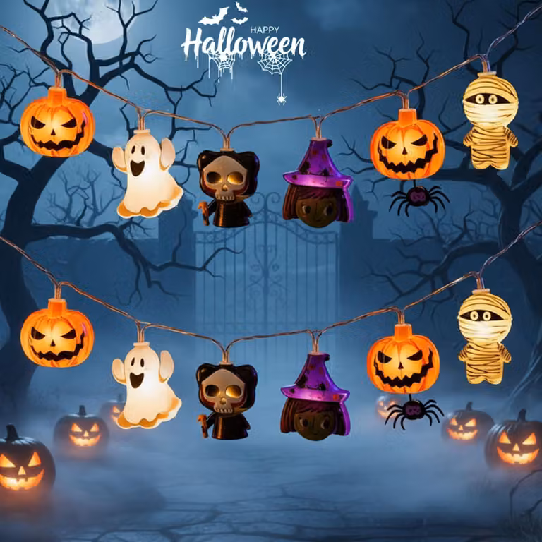 Catena luminosa a tema Halloween, 3 metri, 20 LED, con motivi di zucca e fantasmi, alimentata a batteria