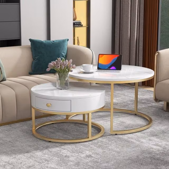 Set 2 Tavolini da Salotto Nidificanti Rotondi, Design Moderno con Finitura Lucida e Motivo Marmo