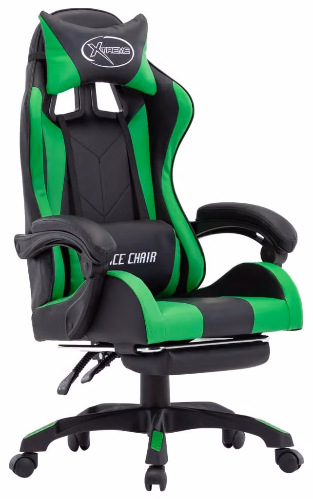Sedia da gaming – Sedia da ufficio – Regolabile – Ecopelle – Poggiapiedi pieghevoli – Verde/Nero