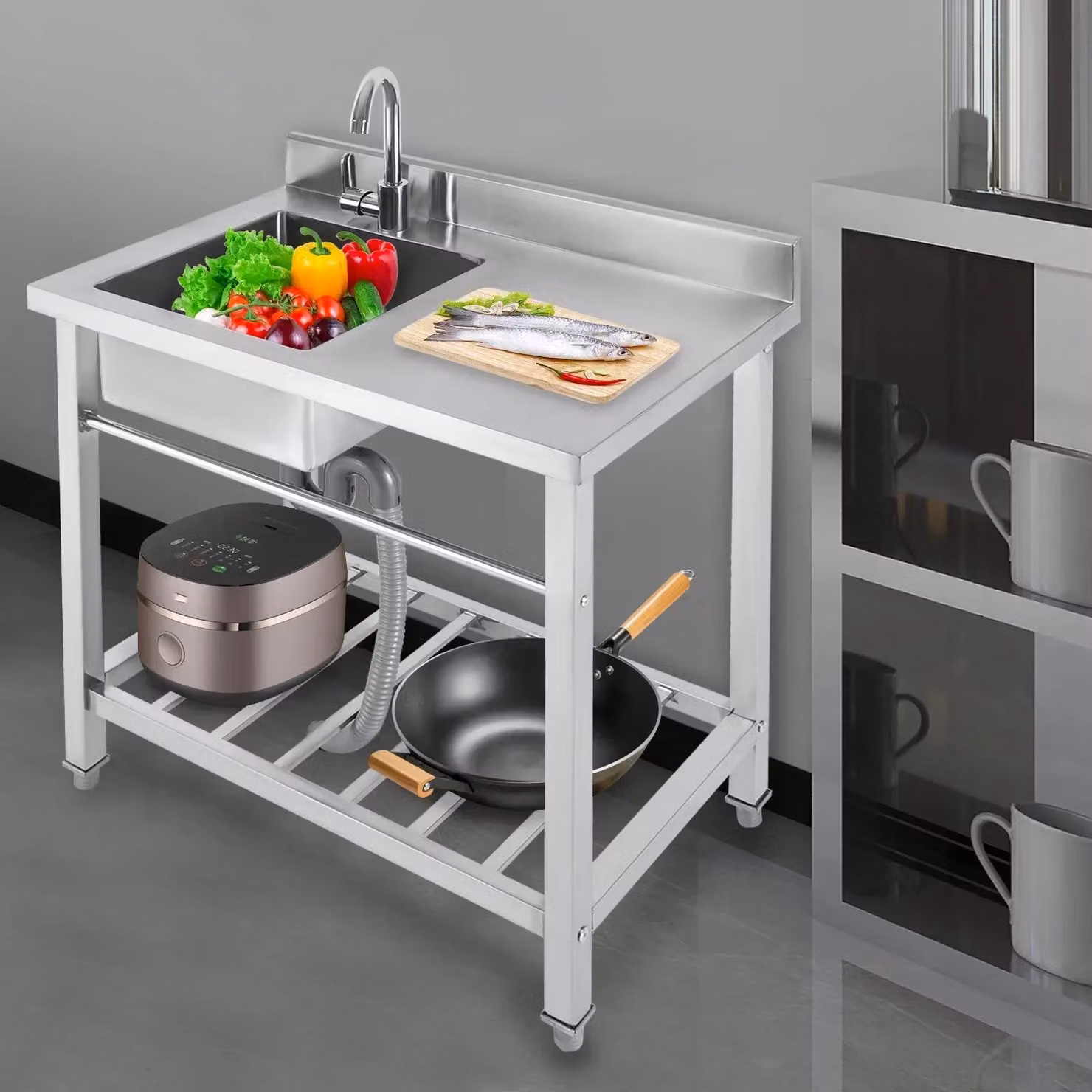 Lavello da cucina a una vasca, freestanding - Acciaio inossidabile, 40x35x20 cm - Con rubinetto e piano di lavoro - Include portasciugamani e ripiano inferiore