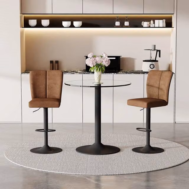 Tavolo Bar in Vetro Temperato 89 cm + 2 Sgabelli Girevoli ¨C MINIMAL ¨C Nero Metallo, Tessuto Marrone