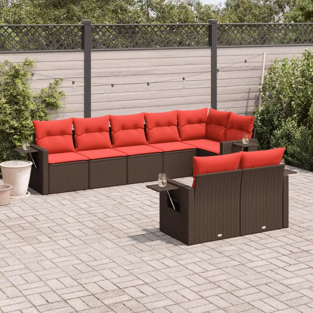 Set di divani da giardino vidaXL a forma di L composto da 8 pezzi con cuscini marroni e rossi in rattan e struttura in metallo rivestito