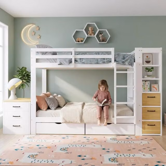 Letto a castello bianco 90x200 cm in legno con cassetti; scaffale laterale e scala integrata