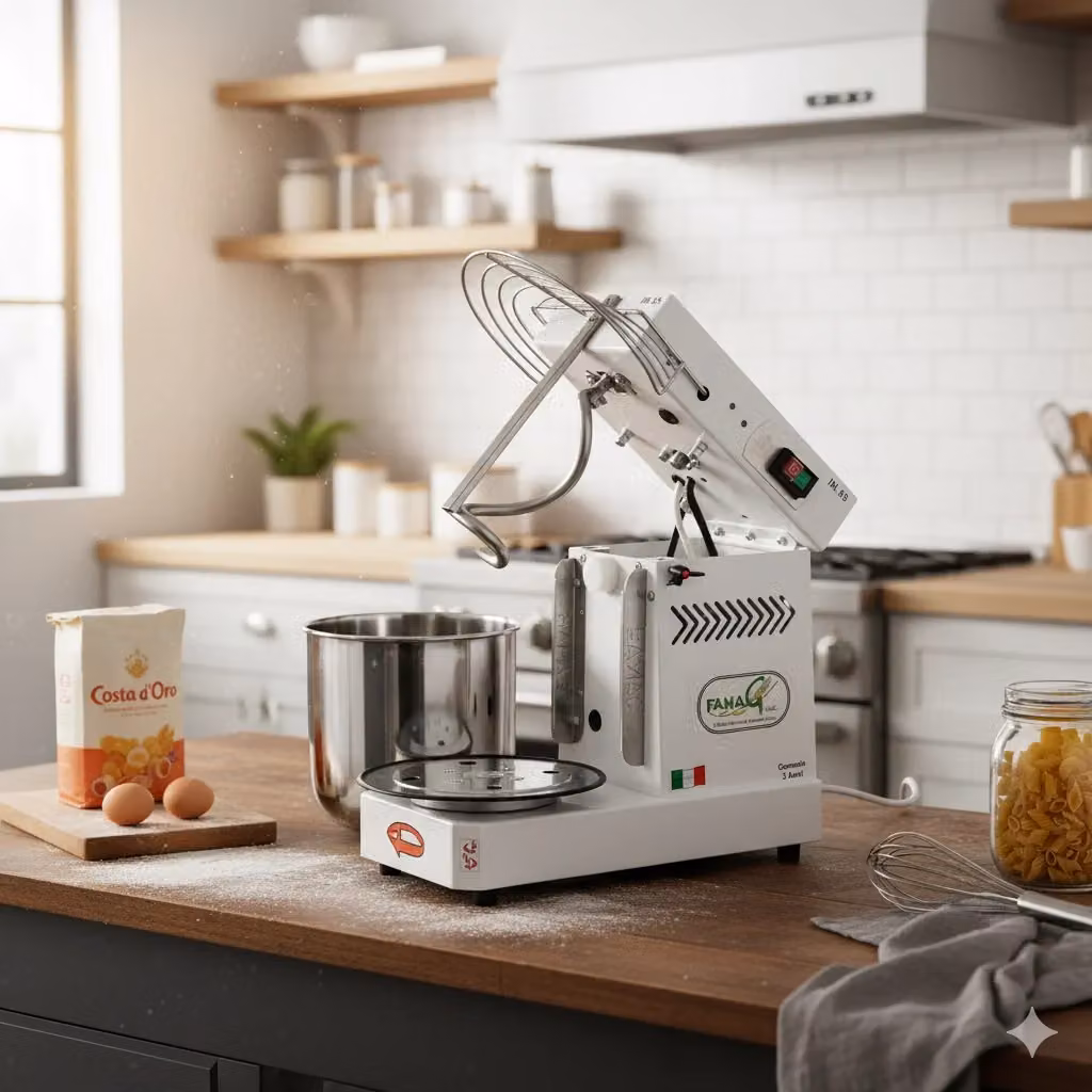 Impastatrice a spirale Famag IM 8S con vasca estraibile e ribaltabile, colore bianco, potenza 350W – 2