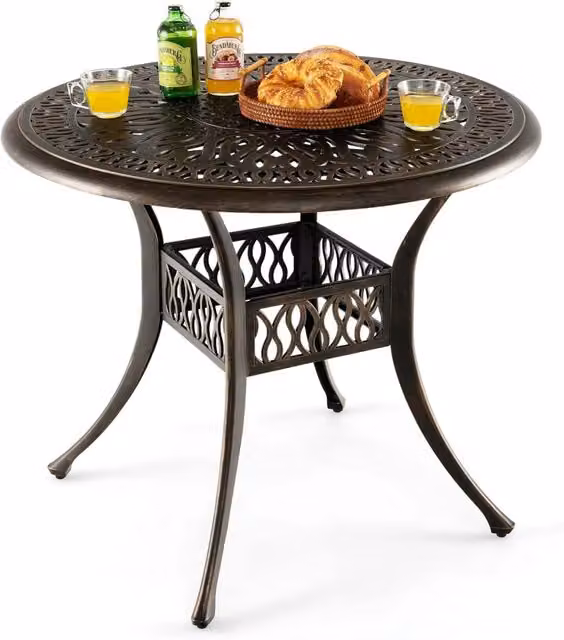 Tavolo da Pranzo Rotondo da 90 cm, Tavolo da Esterno in Alluminio con Foro per Ombrellone da 5 cm Struttura Resistente Piedini Regolabili, Tavolo Rotondo da Giardino Esterno, 90 x 74 cm