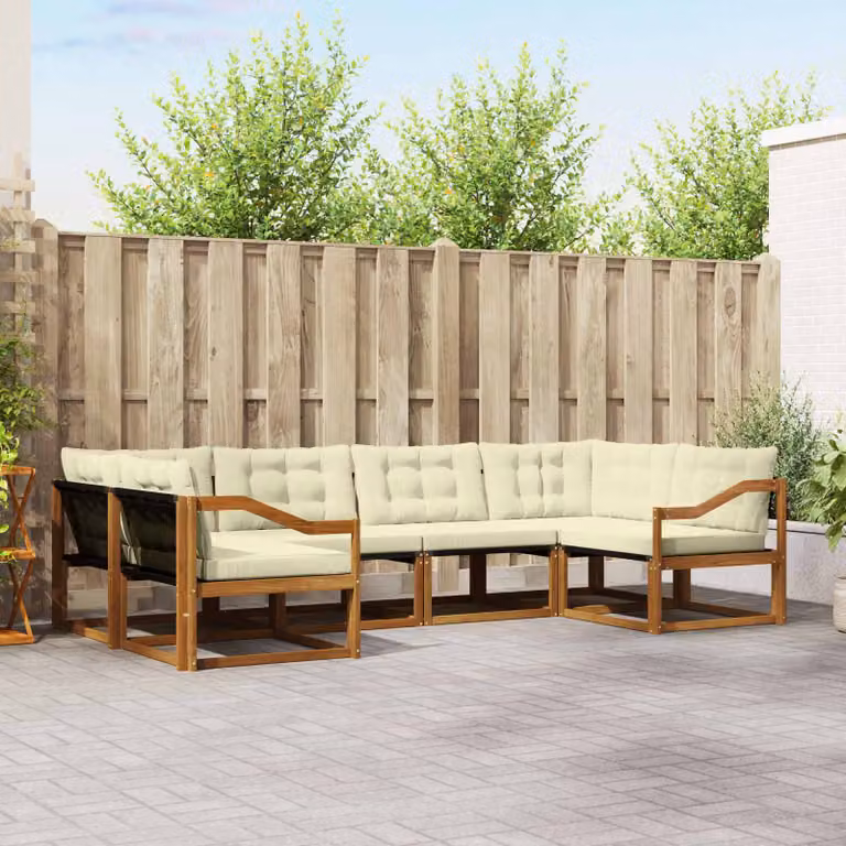 Set di divani da esterno vidaXL 6 pz a forma di L in legno di acacia con cuscini beige e crema