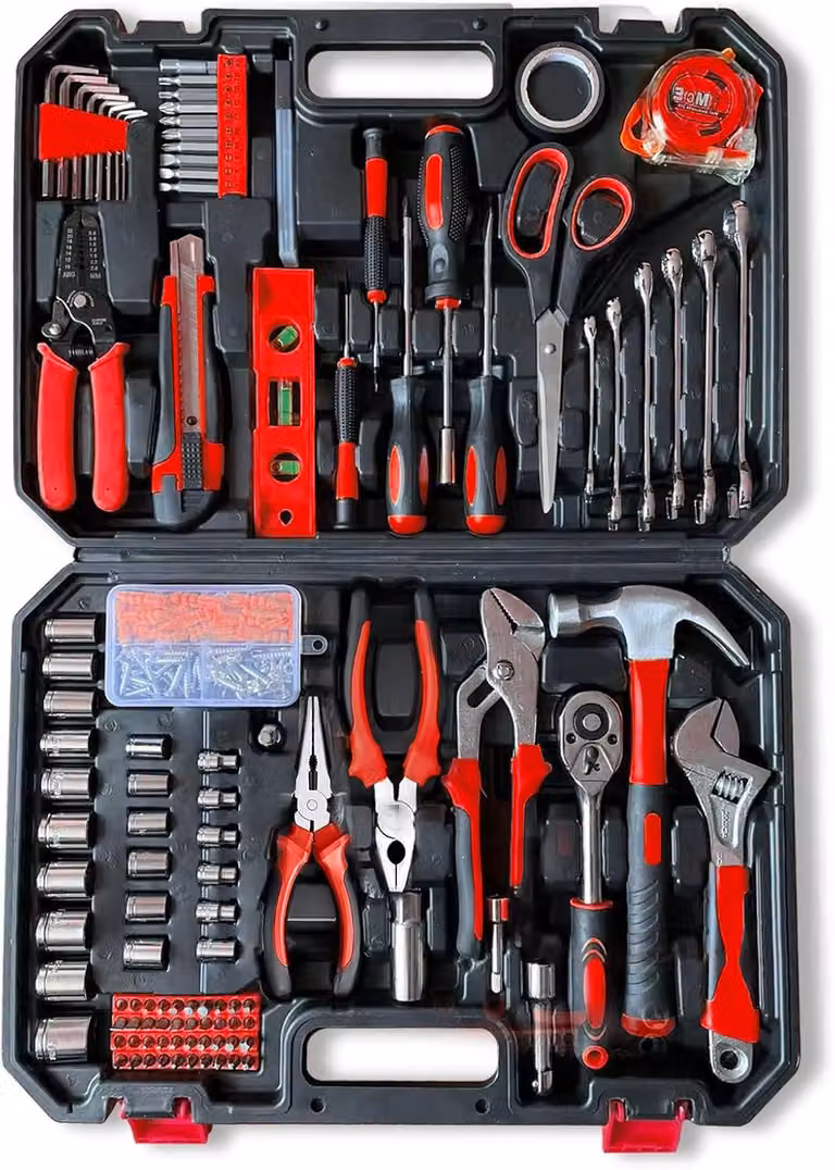 Set di utensili manuali da 287 pezzi, completo di chiavi a bussola, chiavi a cricchetto e cacciaviti, ideale per uso domestico e per lavori di bricolage