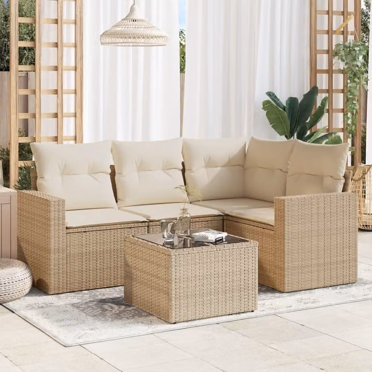 vidaXL Set Divano da Giardino a L in Polyrattan Beige con Cuscini e Tavolino
