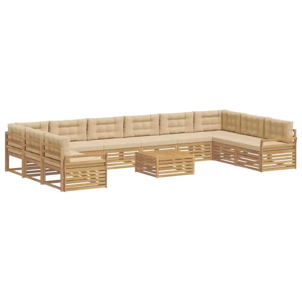Set di divani da giardino a L con tavolo da caffè vidaXL in legno di acacia marrone e beige con 11 pezzi e cuscini inclusi – 2