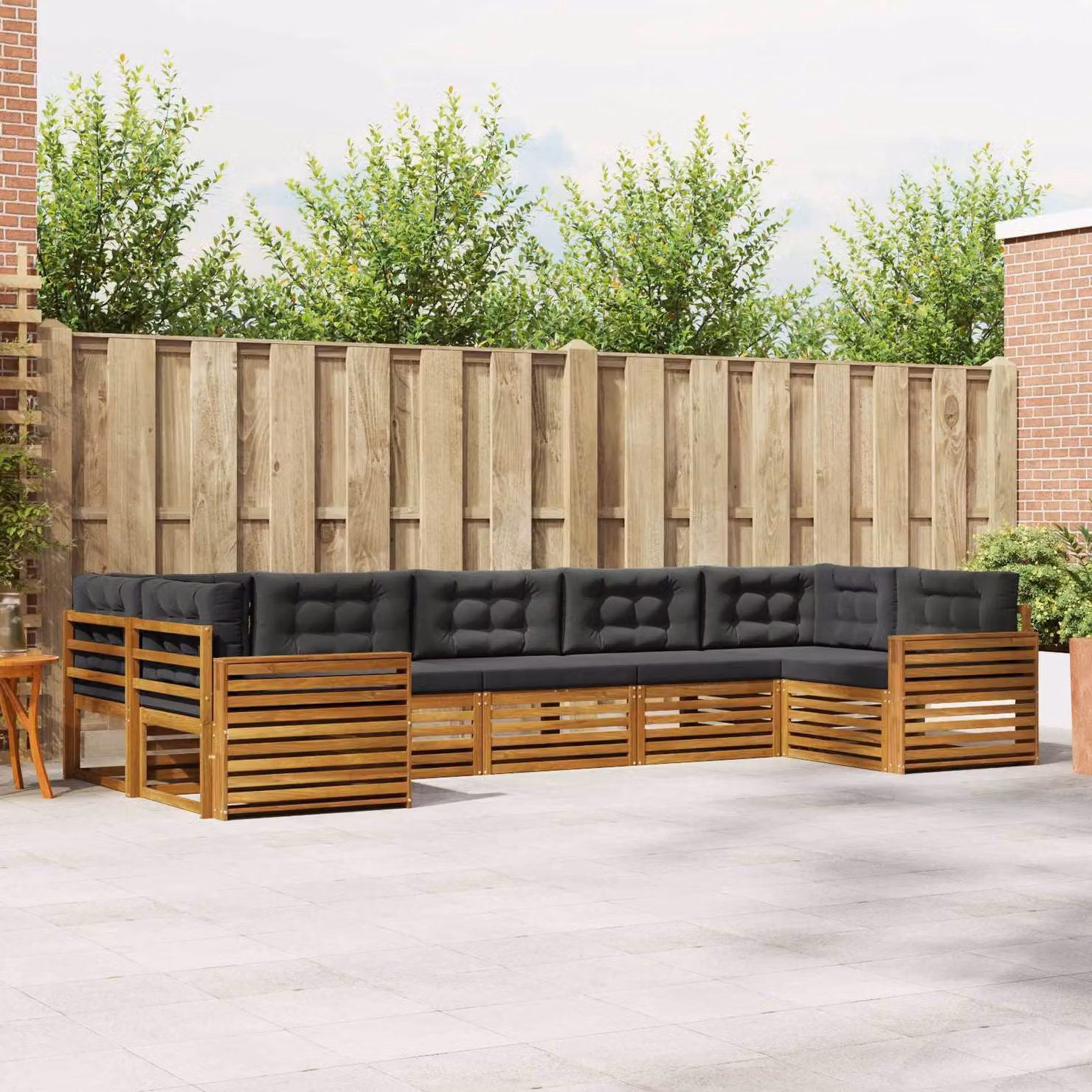 Set di divani da esterno vidaXL a forma di L composto da 7 pezzi in legno di acacia con cuscini antracite e marrone
