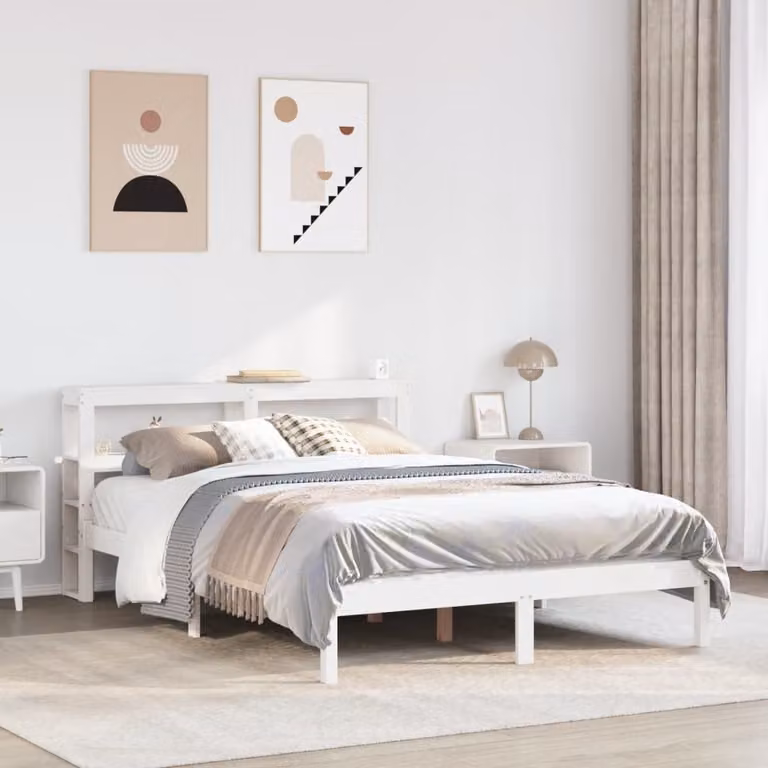 vidaXL Letto in Legno di Pino Massello Bianco con Ripiani Laterali L/P/H: 120 x 200 cm