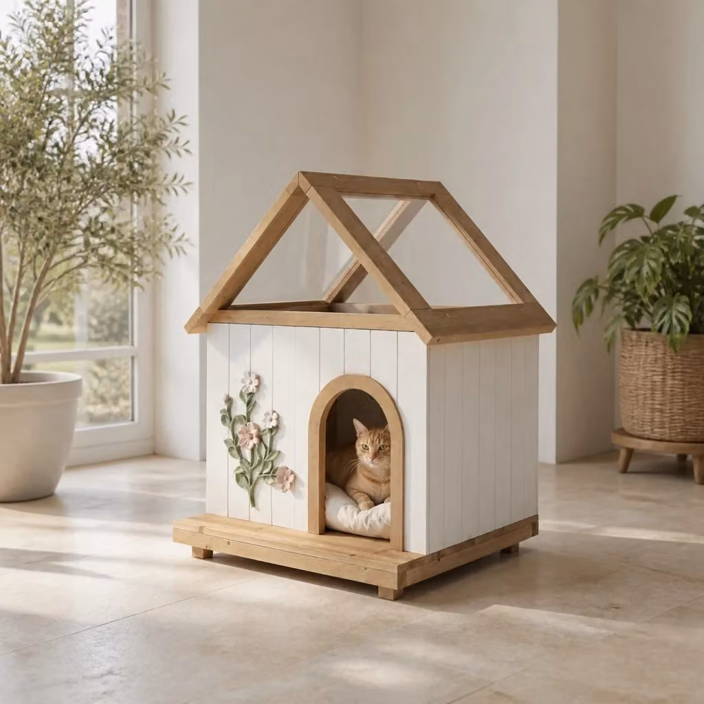 Casetta per cani Minimal in legno massello naturale stile cottage bianco con finitura resistente alle intemperie – 2