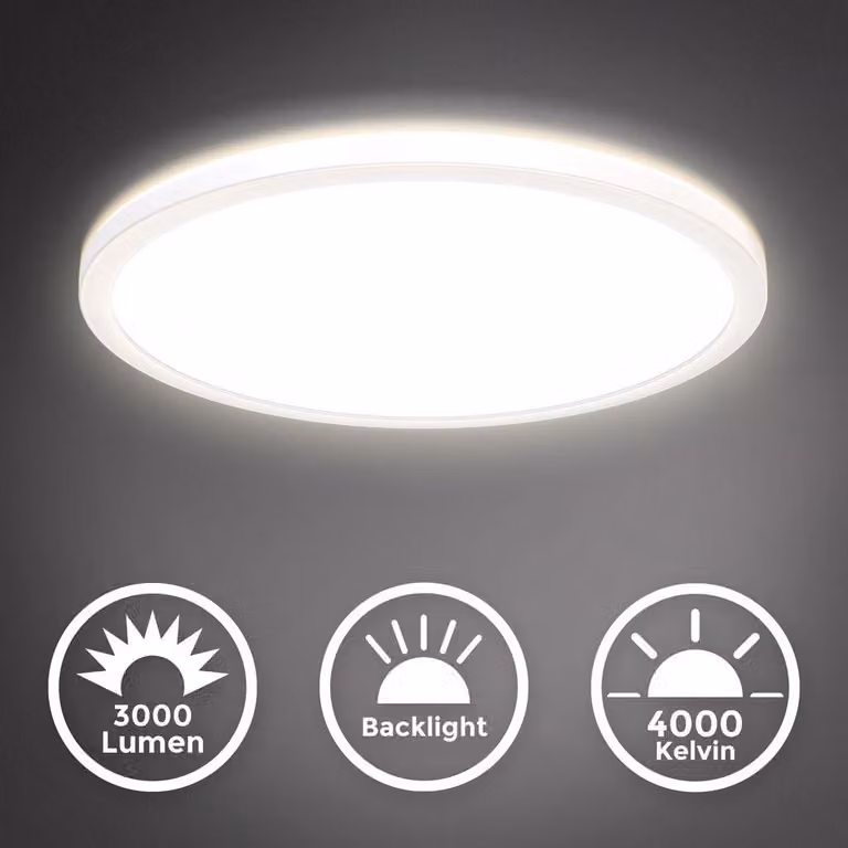 B.K.Licht Plafoniera LED dimmerabile su 3 livelli, 22W, 3000Lm, Luce bianca neutra 4000K, Ultrapiatta Illuminazione indiretta, Lampada da soffitto con Funzione di memoria, Pannello LED rotondo Ø42cm