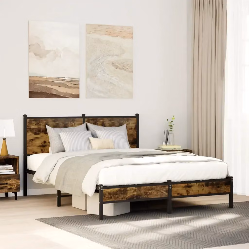 Letto matrimoniale per adulti con struttura in metallo e doghe fisse in colore Rovere Fumo, L/P: 140 x 190 cm – 2