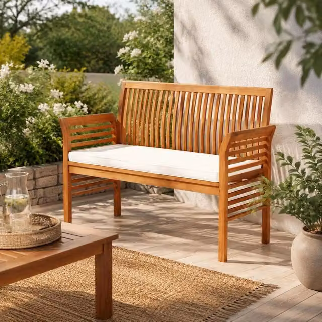 2-seater Garden Bench With Cushions, 120 Cm, Solid Acacia Wood