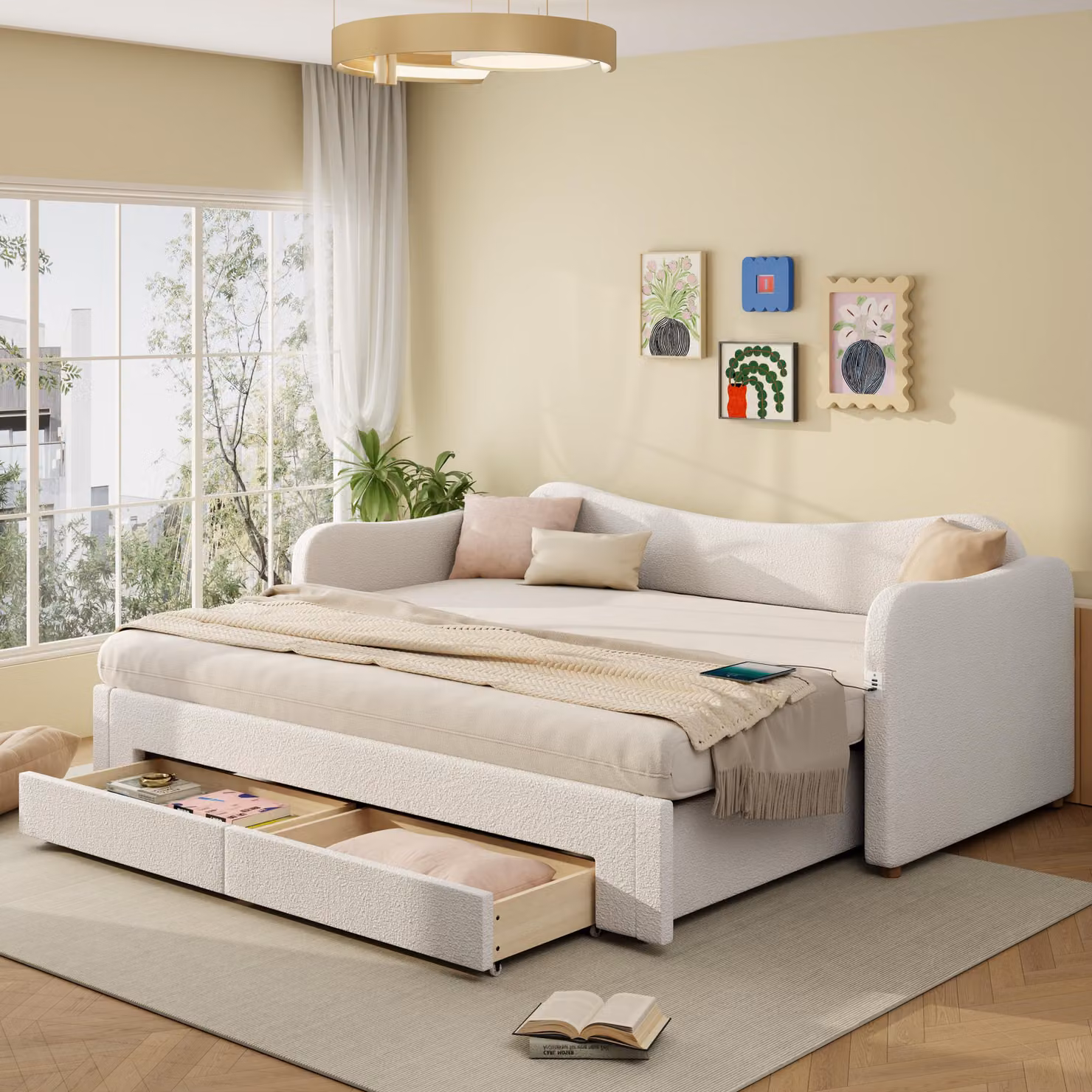 Divano letto MODFU 90x200, lettino per bambini con porta USB, letto imbottito con letto estraibile, letto matrimoniale con 2 cassetti e un materasso, beige