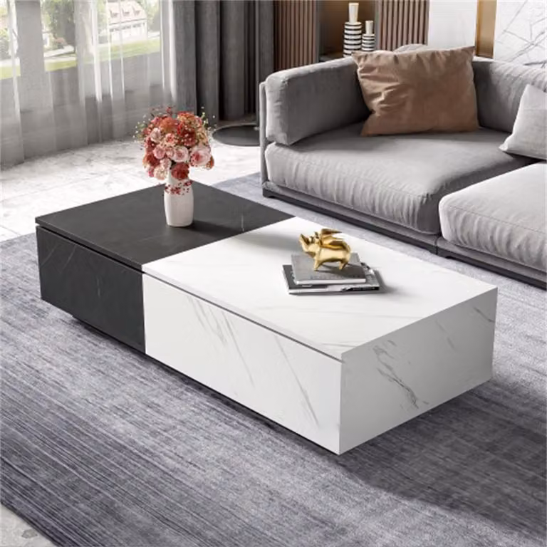 Tavolino AIORBER, marmorizzato, design con due ante, cerniere a chiusura ammortizzata, ampia superficie di appoggio, per il soggiorno, 110 x 50 x 28 cm, bianco
