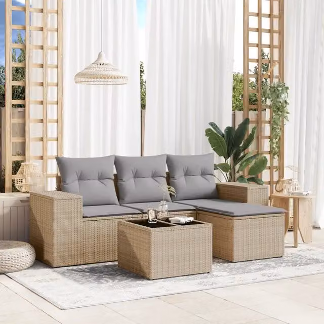 Set Divano da Giardino 5 pz con Cuscini-Sofa da Giardino-Divanetto da esterno Beige in Polyrattan 715539