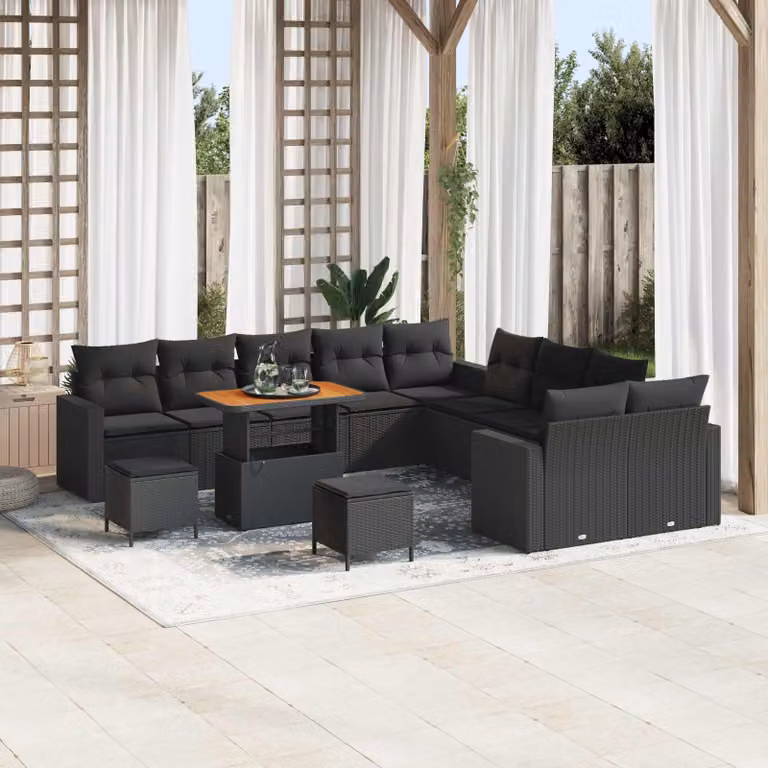 Set Divano da Giardino vidaXL a 10 Posti con Cuscini e Tavolino, Design a L in Polyrattan Nero e Acciaio