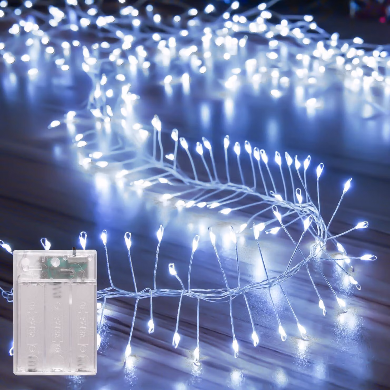 Catena luminosa da 3 metri, con 120 LED, luce bianca fredda, alimentazione a batteria, con timer