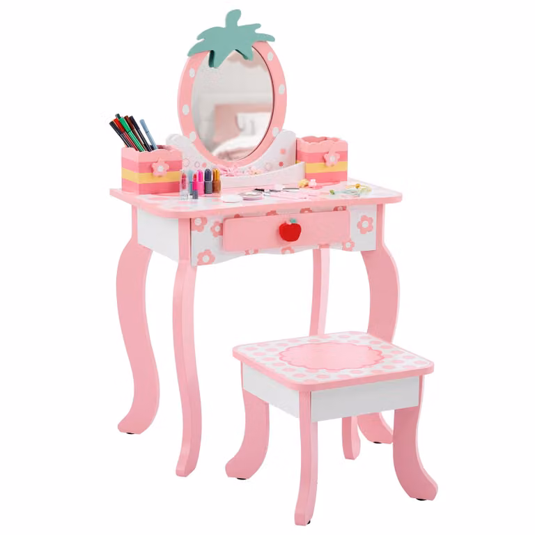 Tavolino da trucco per bambini ALIGHTUP, completo di sgabello, specchio, cassetti e 2 contenitori portaoggetti, colore bianco