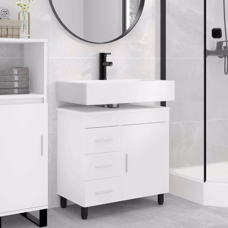 Mobiletto da bagno moderno vidaXL Bianco con ante a cerniera e cassetti in MDF L/P/H: 60 x 35 x 60 cm
