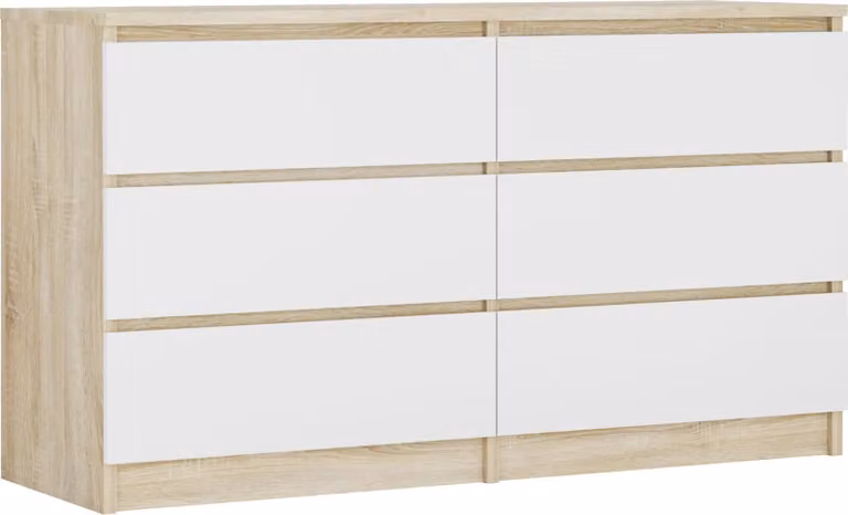 Cassettiera 6 cassetti, colore: rovere Sonoma / bianco opaco, 138 x 78 x 39 cm