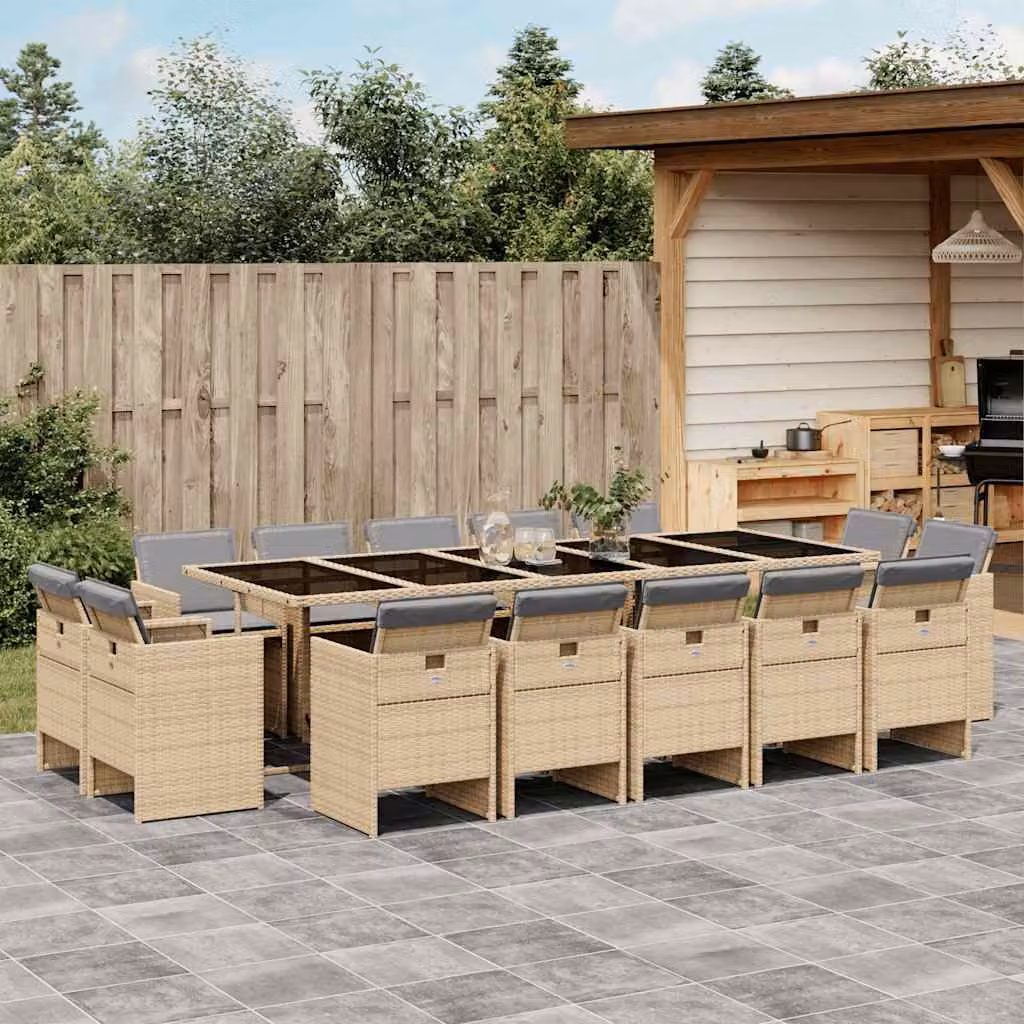 vidaXL Set Pranzo da Giardino 15 pz in Polyrattan con Cuscini Beige e Piano in Vetro – 1